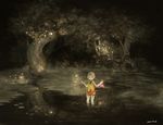  2012 braid brown_hair character_request commentary dated dragon_nest erlenmeyer_flask flask gu_(goodnight) holding lily_pad neck_ribbon night outdoors puffy_shorts reflection ribbon shorts smile solo standing tree twin_braids wading wand water 