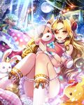  blonde_hair blush company_name earrings eu_(euspia) eyebrows_visible_through_hair eyepatch holding holding_stuffed_animal horns jewelry kneehighs long_hair looking_at_viewer maboroshi_juuhime parted_lips rubber_duck solo stuffed_animal stuffed_toy teddy_bear teeth white_legwear yellow_eyes 