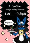  anthro antif10 blue_fur blush canine chinese_text clothing colored comic dessert english_text food fur ice_cream lucario maid_uniform mammal nintendo nongqiling pink_background pok&eacute;mon pseudo_clothing red_eyes simple_background skirt spikes text translated uniform video_games 