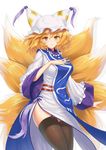 absurdres black_legwear blonde_hair breasts fox_tail garter_straps hat highres large_breasts looking_at_viewer medium_hair ofuda pillow_hat simple_background smile solo standing tabard tail thighhighs touhou white_background wide_sleeves yakumo_ran yellow_eyes youl 