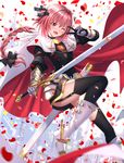  ;d astolfo_(fate) black_legwear boots cape fang fate/apocrypha fate_(series) faulds fur-trimmed_cape fur_trim garter_straps gauntlets hair_ribbon highres long_hair male_focus one_eye_closed open_mouth otoko_no_ko petals pink_eyes pink_hair ribbon sheath skirt smile solo sword swordsouls thighhighs v v_over_eye weapon 