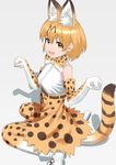  :d animal_ears bare_shoulders boots bow bowtie breasts brown_eyes commentary elbow_gloves extra_ears eyebrows_visible_through_hair from_side full_body gloves grey_background high-waist_skirt highres kemono_friends looking_at_viewer looking_up medium_breasts open_mouth orange_hair paw_pose serval_(kemono_friends) serval_ears serval_print serval_tail shadow shirt short_hair simple_background sitting skirt sleeveless sleeveless_shirt smile solo striped_tail tail wariza wasabi60 white_footwear white_shirt 