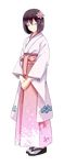  brown_hair closed_eyes floral_print flower full_body geta hair_flower hair_ornament hakama hands_together japanese_clothes kagoshima_(oshiro_project) kimono lily_pad long_sleeves meiji_schoolgirl_uniform official_art oshiro_project oshiro_project_re pink_hakama short_hair solo standing tabi transparent_background tsukumo v_arms white_legwear wide_sleeves zouri 
