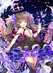  2017 :d artist_name asymmetrical_gloves black_legwear blurry bow_legwear breasts brown_hair commentary cowboy_shot crystal depth_of_field dress elbow_gloves eyebrows_visible_through_hair fang gloves hair_ribbon halo hieihirai lace layered_dress light_particles long_hair looking_at_viewer magical_girl open_mouth original purple_eyes ribbon sleeveless sleeveless_dress small_breasts smile solo thighhighs twintails white_gloves zettai_ryouiki 