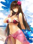  alternate_hair_color arm_behind_back beach bikini blue_sky bracelet breasts brown_hair cleavage cloud cloudy_sky cowboy_shot day eyebrows_visible_through_hair fate/grand_order fate_(series) flower hair_between_eyes hair_flower hair_ornament hand_to_own_mouth highres hitaki_yuu innertube jewelry large_breasts long_hair navel necklace outdoors pink_bikini red_eyes sarong scathach_(fate)_(all) scathach_(swimsuit_assassin)_(fate) scrunchie see-through skindentation sky solo string_bikini swimsuit very_long_hair wet wet_hair wrist_scrunchie 