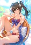  \m/ armband bangs beach bikini blurry blush bow bracelet breasts brown_hair chair cleavage closed_mouth collarbone day depth_of_field eyebrows_visible_through_hair front-tie_bikini front-tie_top hair_between_eyes hair_bow halterneck hand_to_own_mouth holding jewelry kantai_collection knee_up leg_up light_smile long_hair looking_at_viewer lotion medium_breasts multi-strapped_bikini outdoors pillow pinky_out red_bikini see-through side-tie_bikini sidelocks sitting small_breasts smile solo sunscreen swimsuit thighs tousaki_umiko tsurime white_bow wristband yellow_eyes zuikaku_(kantai_collection) 