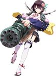  brown_hair flower full_body gatling_gun gun hair_flower hair_ornament holding holding_gun holding_weapon kagoshima_(oshiro_project) official_art oshiro_project oshiro_project_re red_eyes short_hair solo thighhighs transparent_background tsukumo weapon 