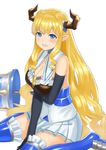  bad_id bad_pixiv_id bangs between_legs blonde_hair blue_choker blue_eyes blue_gloves blue_legwear blush breast_squeeze breasts choker cleavage commentary draph elbow_gloves gloves granblue_fantasy hand_between_legs highres horn_ornament horns large_breasts long_hair looking_at_viewer pointy_ears rastina scowl simple_background sitting solo tears thighhighs thighs very_long_hair wariza wasabi60 white_background 