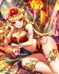  blonde_hair blush bracelet breasts candle cleavage closed_mouth company_name earrings eu_(euspia) eyebrows_visible_through_hair flower hair_flower hair_ornament jewelry large_breasts long_hair looking_at_viewer lying maboroshi_juuhime navel on_side red_eyes smile solo tongue tongue_out 