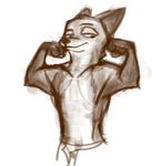  2017 anthro biceps bluedouble brown_and_white canine clothed clothing disney flexing fox half-closed_eyes male mammal monochrome nick_wilde simple_background solo topless white_background zootopia 