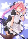  ;d absurdres alternate_costume apron astolfo_(fate) black_bow bow braid character_name copyright_name crossdressing enmaided fang fate/apocrypha fate/grand_order fate_(series) hair_ribbon highres maid maid_apron maid_headdress male_focus one_eye_closed open_mouth otoko_no_ko pink_hair puffy_sleeves purple_eyes ribbon single_braid smile thighhighs wrist_cuffs youl 