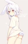  animal_ears ass bunny_ears closed_mouth cowboy_shot from_behind grey_background hair_between_eyes looking_at_viewer looking_back mayachi_(amuriya) no_pants original panties panty_pull red_eyes shirt short_hair simple_background solo string_panties sweatdrop t-shirt underwear white_hair white_panties 