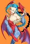  1girl artist_name black_lipstick blue_hair cosplay estyy head_wings jinx_(league_of_legends) league_of_legends lilith_aensland small_breasts tattoo vampire_(game) wink 
