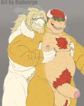  2018 5_fingers absurd_res anthro anthro_on_anthro asgore_dreemurr balls barazoku beard blonde_hair blue_eyes blush body_hair boss_monster bowser caprine chest_hair duo erection eyewear facial_hair fondling front_view fur glasses goat grey_background grope hair hi_res horn humanoid_penis long_ears male male/male mammal mario_bros mature_male moobs nintendo nipple_piercing nipples nude one_eye_closed open_mouth orange_scales pec_grab penis piercing pubes radonryu red_eyes red_hair scales scalie simple_background standing uncut undertale video_games white_fur yellow_fur 