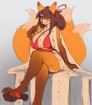  anthro big_breasts blush breasts brown_hair canine claws clothing female footwear fox hair hi_res japanese_clothing looking_at_viewer mammal multi_tail paws playing_with_hair red_eyes sandals sitting thick_thighs toe_claws triuni 