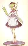  alternate_costume apron beige_background black_dress blush bob_cut bow breasts commentary dated dress full_body gardevoir green_hair hair_over_one_eye hand_up headband highres looking_at_viewer maid maid_apron maid_headdress no_humans open_mouth pokemon pokemon_(creature) pokemon_(game) pokemon_rse red_bow red_eyes sally_(luna-arts) short_hair signature simple_background small_breasts smile solo standing teeth waving white_bow 