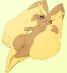  1girl animal_ears black_sclera breasts bunny_ears collarbone feet from_above full_body furry green_background half-closed_eyes hand_up looking_at_viewer lopunny lying mrploxy navel nipples no_humans on_back one_eye_closed open_mouth paws pokemon pokemon_(creature) pokemon_dppt pussy red_eyes simple_background small_breasts smile solo teeth tongue uncensored wink 