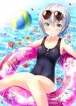  afloat ball beachball blush breasts commentary_request eyewear_on_head fate/apocrypha fate_(series) flower food green_eyes highres jack_the_ripper_(fate/apocrypha) looking_at_viewer melting popsicle scar school_swimsuit short_hair silver_hair small_breasts solo sunglasses sunlight sunsuke swimsuit 
