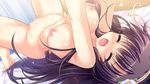  arms_up barefoot black_hair blush breasts censored closed_eyes game_cg hairband indoors kuroba_kasumi large_breasts long_hair love_love_life lying mosaic_censoring navel nipples nose_blush nude official_art on_back on_bed open_mouth pussy solo sweat tears wori 