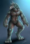  anthro bakameganekko canine claws fangs fur hi_res jakerio male mammal muscular nude simple_background solo video_games warcraft were werewolf wolf worgen 