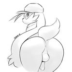  2015 anthro anus backsack balls baseball_cap bent_over big_butt bottomless butt cat clothed clothing feline floppy_ears girly hair hat hi_res inviting klonoa klonoa_(series) long_ears looking_at_viewer looking_back male mammal monochrome penis penis_tuck rear_view solo sqoon thick_thighs video_games wide_hips 
