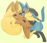  1boy 1girl animal_ears breasts bunny_ears collarbone feet from_above full_body furry green_background half-closed_eyes hand_on_another&#039;s_face hand_up leg_lift looking_down lopuny lucario lying mrploxy navel nipples no_humans on_side one_eye_closed open_mouth paws pokemon pokemon_(creature) pokemon_dppt pussy red_eyes simple_background small_breasts smile spread_legs tail teeth uncensored wink wolf_ears 