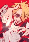  :d black_hair blonde_hair blurry boku_no_hero_academia choker depth_of_field foreshortening highres jacket kaminari_denki looking_at_viewer male_focus multicolored_hair open_mouth pointing pointing_at_viewer raurii red_background shirt simple_background smile solo spiked_hair streaked_hair sunglasses sweat t-shirt two-tone_hair v-neck v-shaped_eyebrows 
