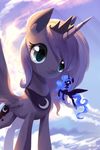  blue_eyes cosmic_hair cutie_mark day equine flying friendship_is_magic gianghanz hooves horn mammal micro my_little_pony nightmare_moon_(mlp) outside princess_luna_(mlp) sky smile winged_unicorn wings 