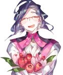  :d ahoge bad_id bad_pixiv_id black_hair bouquet closed_eyes facing_viewer flower gen_6_pokemon glasses lemming_no_suana malamar male_focus open_mouth personification pokemon red-framed_eyewear smile solo tulip upper_body 
