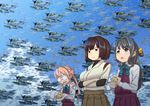  &gt;:) ahoge alternate_hair_color black_hair blue_sky brown_eyes brown_hair cloud cloudy_sky commentary commentary_request crossed_arms double_bun e16a_zuiun food glasses hyuuga_(kantai_collection) kantai_collection long_hair looking_up m6a_seiran makigumo_(kantai_collection) misumi_(niku-kyu) multiple_girls naganami_(kantai_collection) odd_one_out onigiri open_mouth pink_hair pleated_skirt school_uniform seaplane short_hair silver_eyes skirt sky sleeves_past_wrists smile too_many twintails v-shaped_eyebrows wavy_mouth 
