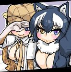  animal_ears areolae black_hair blue_eyes blush breasts cleavage commentary_request covering_face fur_collar grey_wolf_(kemono_friends) hat heterochromia kemono_friends large_breasts long_hair long_sleeves multicolored_hair multiple_girls necktie open_clothes open_shirt pout reaching_out reticulated_giraffe_(kemono_friends) seki_(red_shine) self_shot shirt smile two-tone_hair wolf_ears yellow_eyes 