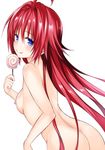  :p ahoge ass back bangs bare_arms bare_shoulders blue_eyes blush breasts candy duplicate eyebrows_visible_through_hair food from_behind hair_between_eyes hand_up highres kurosaki_mea lollipop long_hair looking_at_viewer looking_back nipples nude red_hair simple_background smile solo swirl_lollipop tatsuno_(saya-tatsuno) third-party_edit to_love-ru to_love-ru_darkness tongue tongue_out very_long_hair white_background 