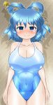  arms_at_sides bangs blue_hair blush breasts cleavage cowboy_shot embarrassed hair_ornament hair_stick impossible_clothes impossible_swimsuit kaku_seiga large_breasts looking_at_viewer navel nose_blush one-piece_swimsuit shadow shiny shiny_clothes shiny_hair shiny_skin short_hair smile solo swimsuit taut_clothes taut_swimsuit tearing_up thighs touhou wavy_mouth winn 