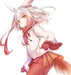  :o arare_mochiko bangs bird_tail blunt_bangs fur_trim gradient_hair half-closed_eyes head_wings japanese_crested_ibis_(kemono_friends) jitome kemono_friends long_sleeves looking_at_viewer multicolored_hair open_mouth pantyhose pleated_skirt red_hair red_legwear red_skirt short_hair_with_long_locks skirt solo two-tone_hair white_hair wide_sleeves yellow_eyes 