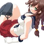  anchor_print bare_shoulders blush braid breasts brown_hair cleavage closed_mouth collarbone dd_(ijigendd) eyebrows_visible_through_hair garter_straps gloves green_eyes kantai_collection large_breasts long_hair midriff necktie noshiro_(kantai_collection) pleated_skirt red_skirt sailor_collar simple_background single_thighhigh sitting skirt solo thighhighs twin_braids white_background white_gloves 