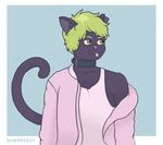  2017 anthro buurgerboy cat clothed clothing collar evan_(rozerem) feline green_eyes green_hair hair male mammal notched_ear off_shoulder open_jacket signature solo tongue tongue_out 