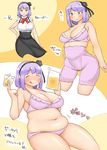  absurdres belly big_belly blush bow bra breasts cleavage dagashi_kashi eating fat_folds food fusa_(starless2323) hair_bow highres large_breasts muffin_top navel panties plump purple_hair shidare_hotaru short_hair sweat thighs underwear weight_gain 