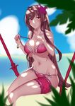  absurdres beach bikini bracelet breasts cloud collarbone day fate/grand_order fate_(series) flower hair_flower hair_ornament highres jewelry large_breasts long_hair navel outdoors polearm purple_hair red_eyes scathach_(fate)_(all) scathach_(swimsuit_assassin)_(fate) skindentation sky solo spear swimsuit thigh_strap vosalia weapon 