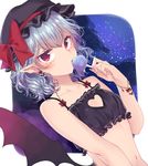  artist_name asa_(coco) bat_earrings bat_wings blue_hair bow candy cinderella_bust commentary_request earrings food food_print hat hat_ribbon heart_cutout jewelry lollipop looking_at_viewer mob_cap mokokiyo_(asaddr) nail_polish navel pointy_ears red_bow red_eyes red_ribbon remilia_scarlet ribbon signature solo touhou underwear underwear_only upper_body wavy_hair wings 
