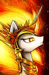 2017 armor daybreaker_(mlp) equine female feral fire flamevulture17 friendship_is_magic hair helmet hi_res horn jewelry mammal multicolored_hair my_little_pony necklace portrait slit_pupils solo unicorn 