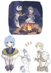  2girls atsumu blue_hair bonfire effie_(fire_emblem) fire fire_emblem fire_emblem_echoes:_mou_hitori_no_eiyuuou fish highres jesse_(fire_emblem) multiple_girls nun silk_(fire_emblem) smile talking 