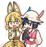  :d animal_ears backpack bag bow bowtie commentary_request cross-laced_clothes elbow_gloves gloves hat hat_feather helmet high-waist_skirt holding holding_microphone japari_symbol kaban_(kemono_friends) kemono_friends microphone multiple_girls open_mouth pith_helmet red_shirt seki_(red_shine) serval_(kemono_friends) serval_ears serval_print shirt skirt sleeveless sleeveless_shirt smile 