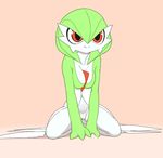  1girl arm_support bob_cut breasts cleavage collarbone full_body gardevoir green_hair hands_together kneeling looking_up medium_breasts mrploxy navel no_humans pink_background pokemon pokemon_(creature) pokemon_rse pussy red_eyes short_hair simple_background sitting smile solo spread_legs uncensored 