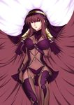 absurdres ass_visible_through_thighs breasts fate/grand_order fate_(series) highres large_breasts lips lipstick long_hair looking_to_the_side lying makeup navel on_back purple_hair red_eyes red_lipstick scathach_(fate)_(all) scathach_(fate/grand_order) see-through shoulder_armor skin_tight solo spaulders thigh_gap veil vosalia 