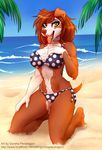  5_fingers anthro beach bikini black_lips breasts brown_fur brown_hair brown_nose canine clothed clothing day dog female fur gorsha_pendragon hair hand_on_breast kneeling looking_at_viewer mammal navel open_mouth outside sea seaside smile solo swimsuit teeth tongue tongue_out water wide_hips 