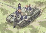  akiyama_yukari arm_support belt black_coat black_footwear black_hair black_legwear black_neckwear blonde_hair blue_jacket boots brown_hair caterpillar_tracks closed_eyes commentary_request day e-55 emblem girls_und_panzer grass ground_vehicle hairband highres isuzu_hana jacket leaning_back leaning_on_person long_hair long_sleeves looking_at_viewer military military_uniform military_vehicle miniskirt motor_vehicle multiple_girls necktie nishizumi_miho on_vehicle ooarai_(emblem) ooarai_military_uniform open_mouth original outdoors pantyhose pencil_skirt pleated_skirt reizei_mako sam_browne_belt short_hair sitting skirt sleeping smile socks standing takebe_saori tank thighhighs uniform white_hairband white_skirt zennosuke zipper 