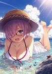  bare_shoulders barefoot bikini_top bird blue_sky breasts cleavage cloud cloudy_sky collarbone crab day fate/grand_order fate_(series) glasses hair_over_one_eye hat large_breasts looking_at_viewer lying mash_kyrielight on_stomach ouka_(ra-raradan) outdoors purple_eyes purple_hair short_hair sky smile solo straw_hat summer sunlight the_pose water water_drop white_bikini_top 