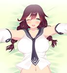  ;d armpit_peek bare_shoulders blew_andwhite blush breasts bright_pupils brown_hair cleavage commentary_request crop_top gloves green_eyes half-closed_eye highres kantai_collection large_breasts long_hair low_twintails lying midriff navel noshiro_(kantai_collection) on_back one_eye_closed open_mouth outstretched_arms reaching_out sailor_collar sailor_shirt shirt sleeveless sleeveless_shirt smile solo twintails white_gloves 