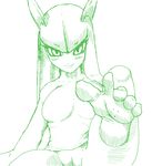 1girl breasts collarbone eyebrows_visible_through_hair feet foot gomasalt kirlia leg_lift looking_at_viewer medium_breasts monochrome no_humans no_nipples pokemon pokemon_(creature) pussy simple_background smile soles solo uncensored 