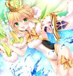  ahoge artoria_pendragon_(all) artoria_pendragon_(swimsuit_archer) blonde_hair cape competition_swimsuit cowboy_shot crown fate/grand_order fate_(series) green_eyes looking_at_viewer nogi_takayoshi one-piece_swimsuit open_mouth solo splashing swimsuit sword water water_gun weapon 